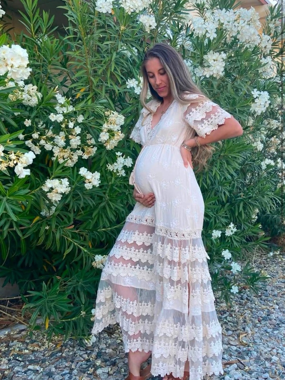 Boho Lace Maternity Maxi Dress in Ivory